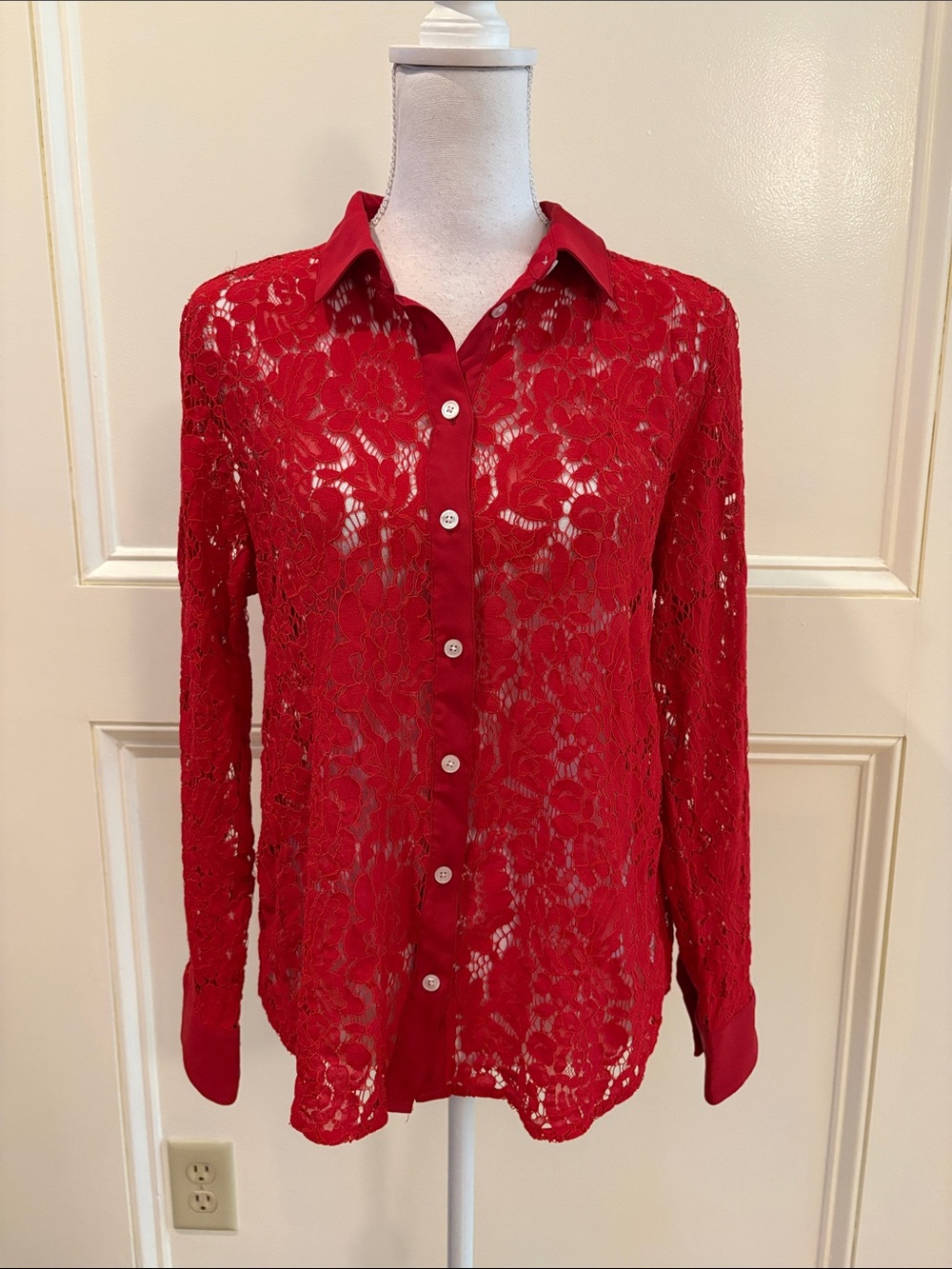 J. Crew Red Floral Lace Button-Down Blouse